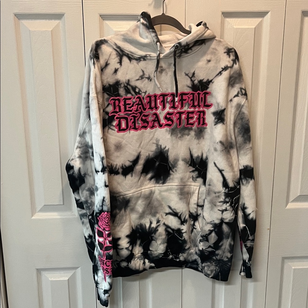 Tie-Dye Black & White Hoodie with Pink 'Beautiful Disaster' Logo